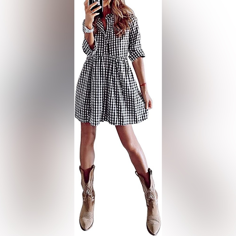 Buffalo Plaid Shift Dress Vneck Casual Swing Babydoll Mini Dress with Pockets